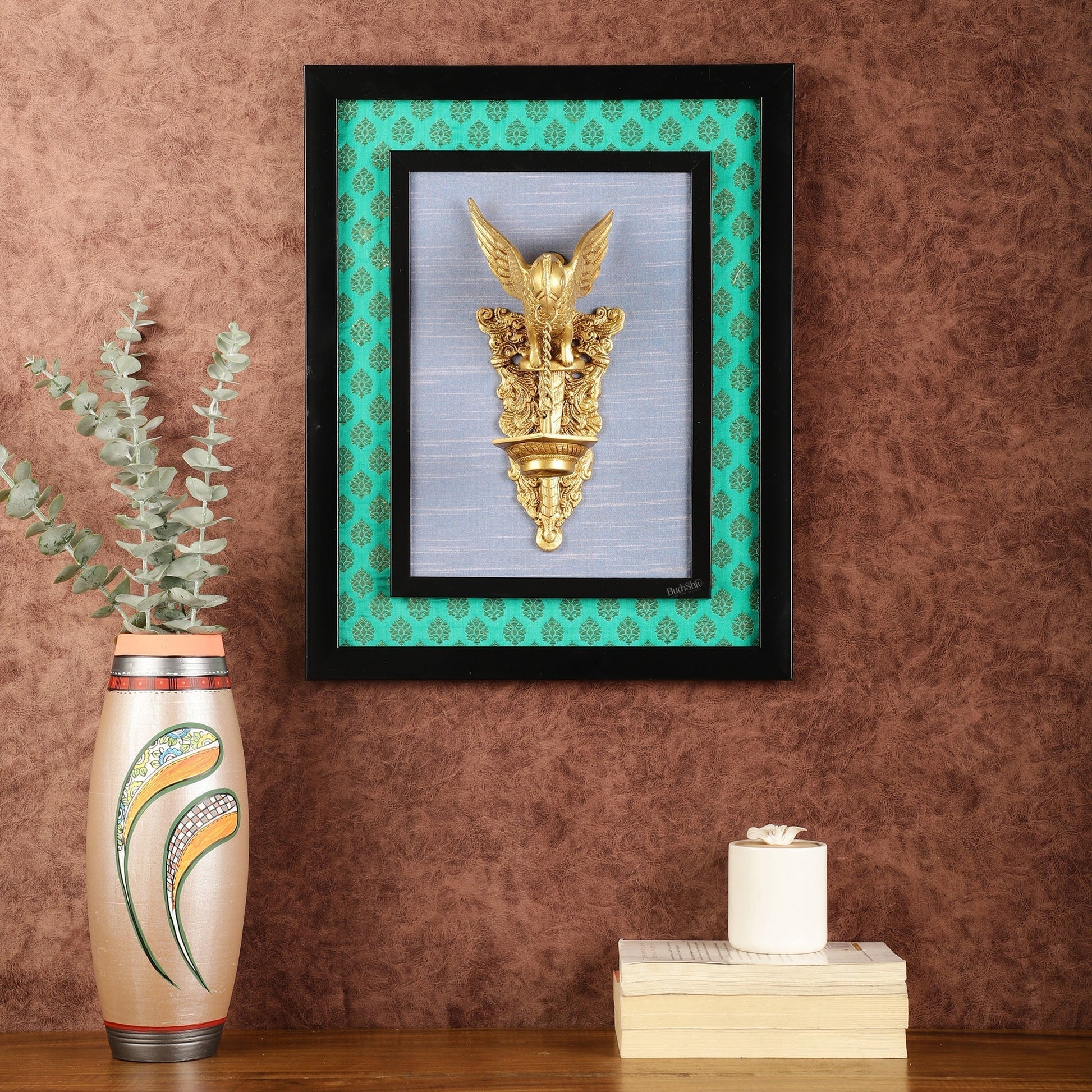 Elegant Brass Parrot Diya on Wooden Frame Wall Decor - 17.5" x 14" - Sama Homes Idol - Brass Sculpture - Eco-friendly - Sama Homes