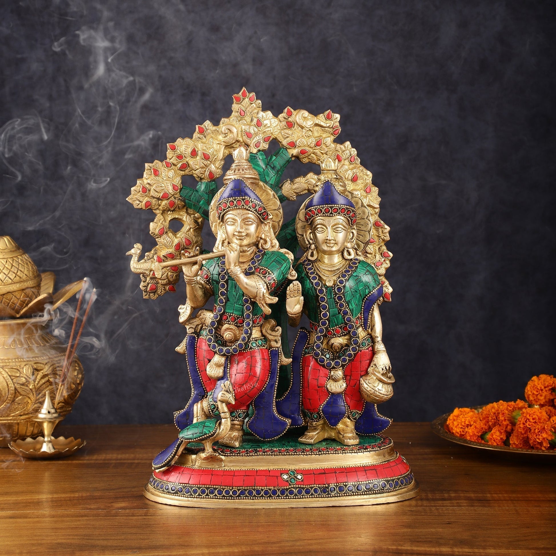 Elegant Brass Radha Krishna Idols with Kalpavriksha Tree & Peacock - 14" Meenakari Stonework - Sama Homes Idol - Brass Sculpture - Eco-friendly - Sama Homes