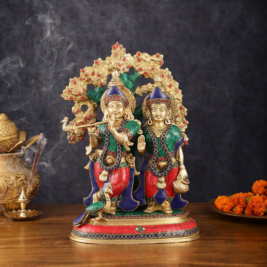 Elegant Brass Radha Krishna Idols with Kalpavriksha Tree & Peacock - 14" Meenakari Stonework - Sama Homes Idol - Brass Sculpture