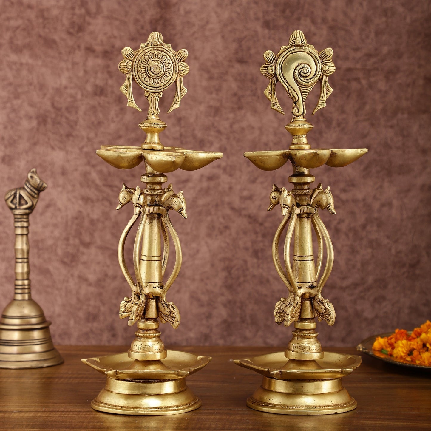Elegant Brass Shankh Chakra vilakku Lamps - | 15 inch - Sama Homes Idol - Brass Sculpture