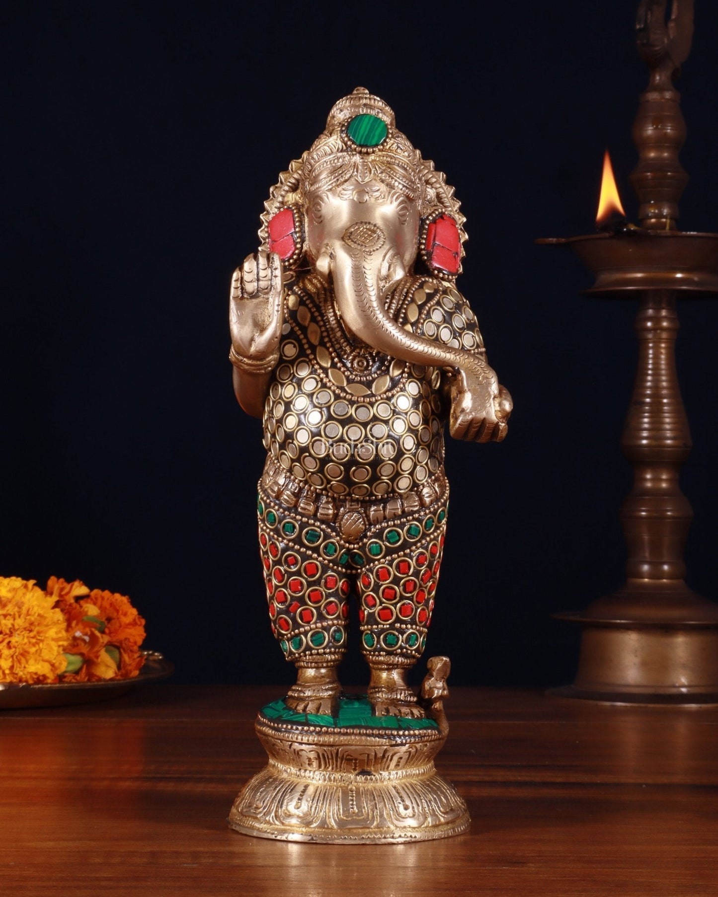 Elegant Brass Standing Ganesha with stonework | 9.5" Height - Sama Homes Idol - Brass Sculpture
