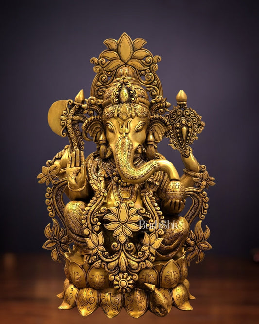 Elegant Brass Superfine Lord Ganesha Idol with Lotus - 23.5" - Sama Homes Idol - Brass Sculpture