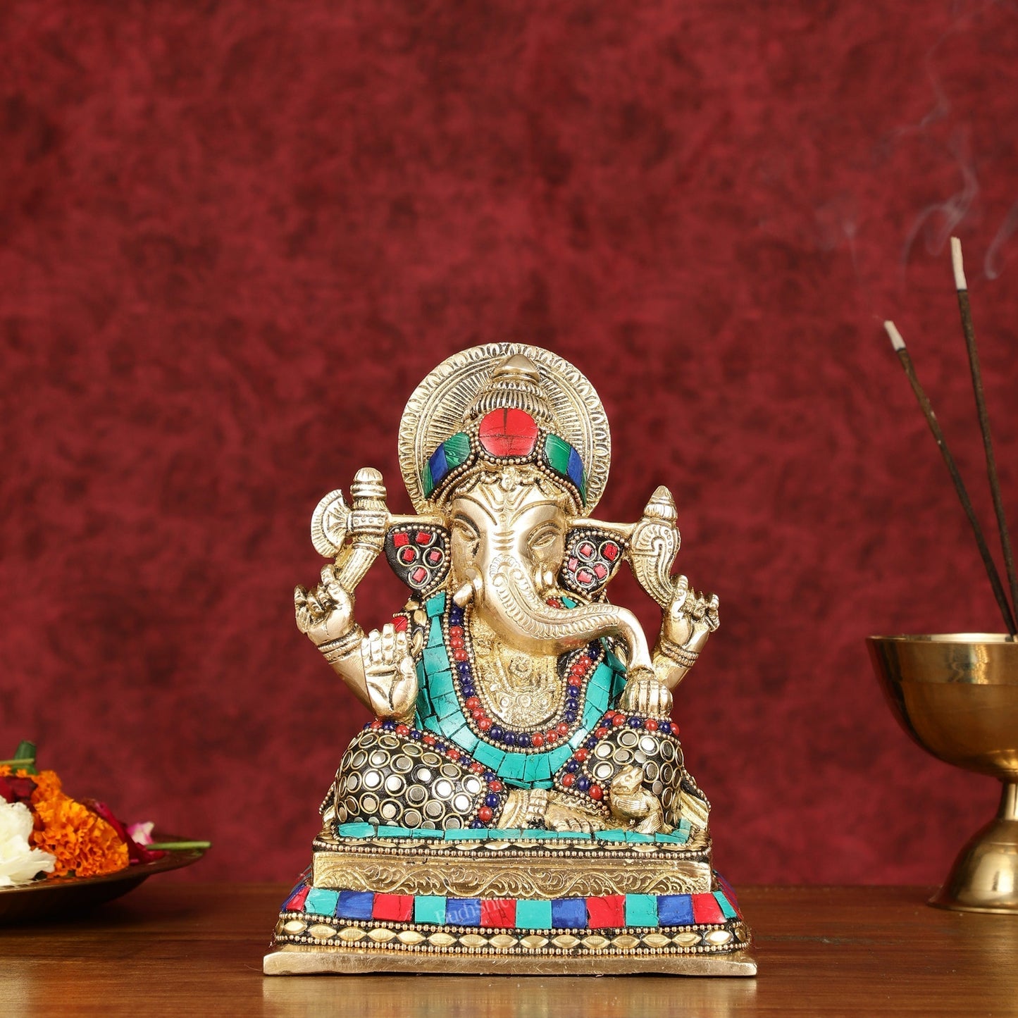 Elegant Pure Brass Ganesha Idol with Stonework 7.5" - Sama Homes Idol - Brass Sculpture