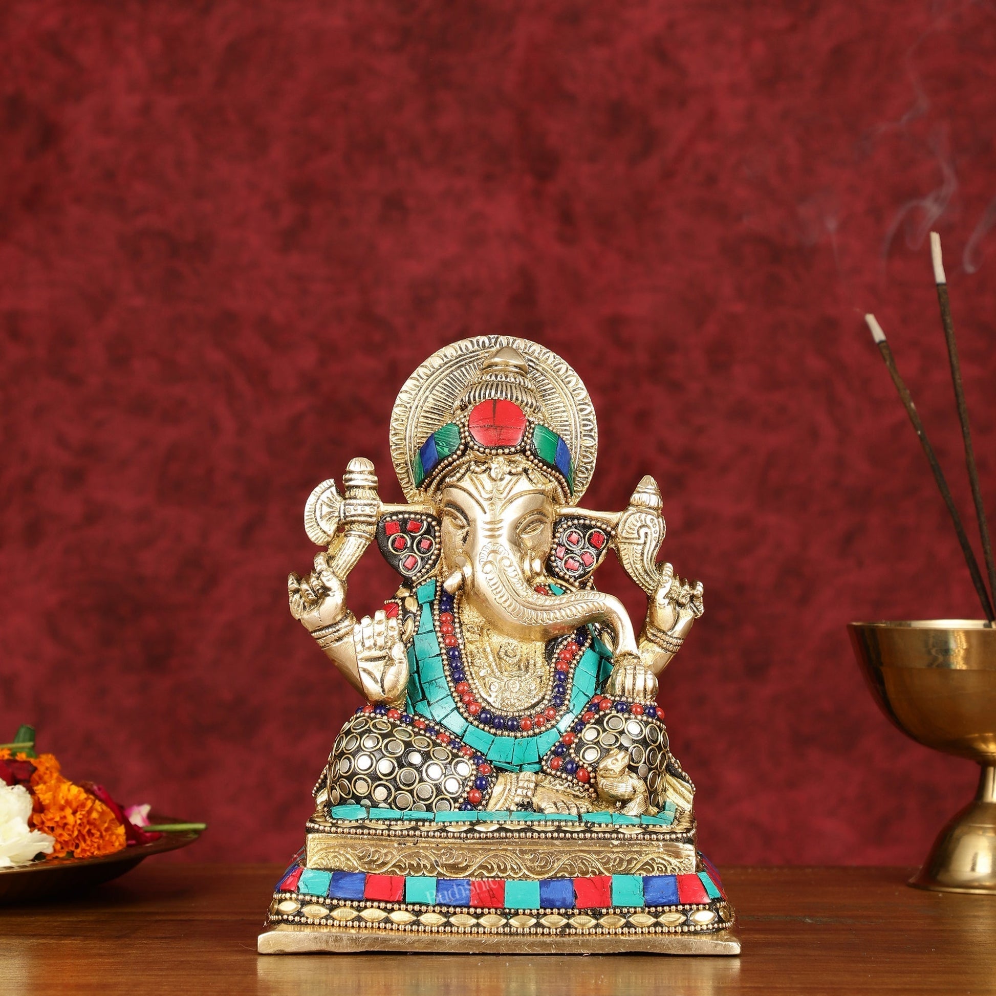 Elegant Pure Brass Ganesha Idol with Stonework 7.5" - Sama Homes Idol - Brass Sculpture - Eco-friendly - Sama Homes