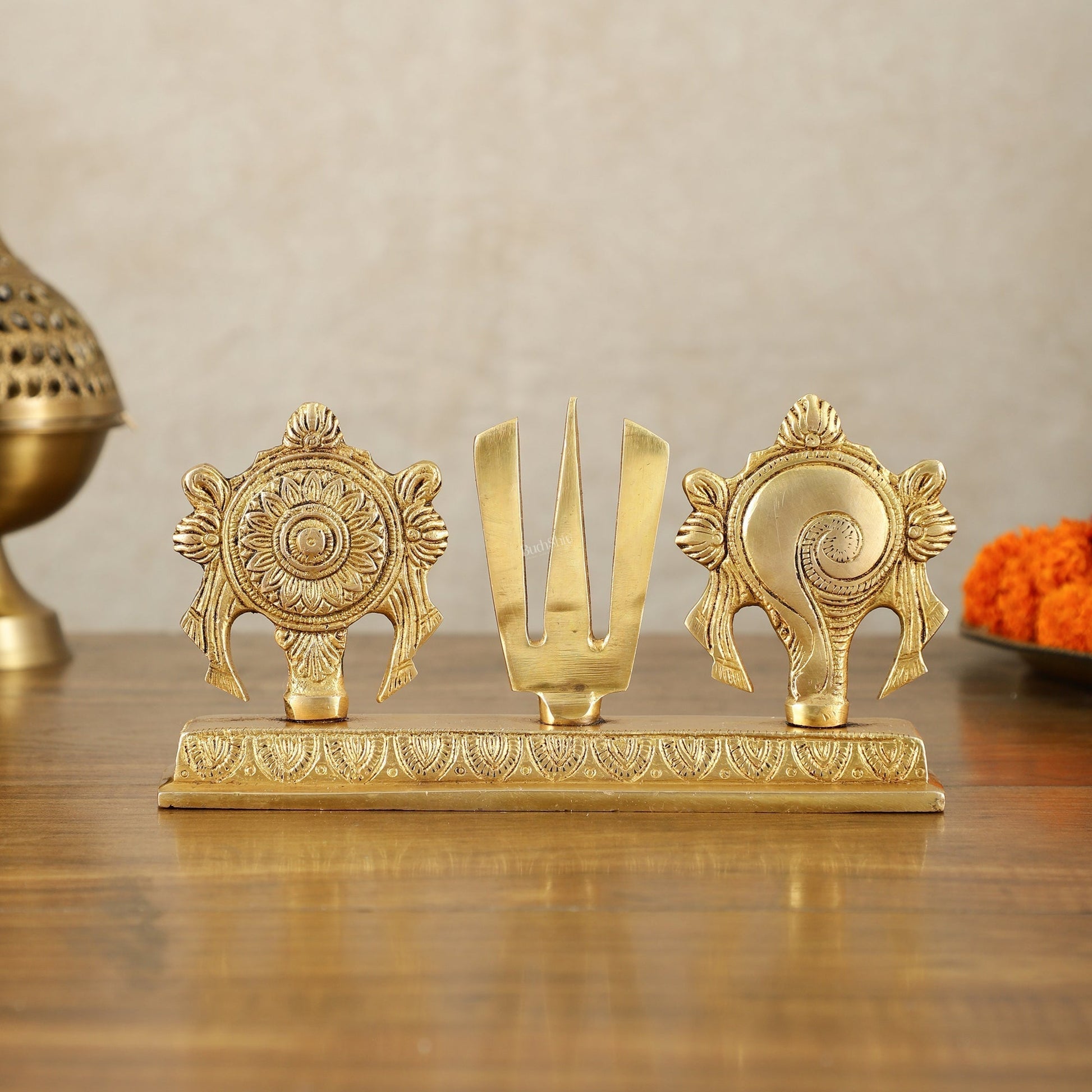 Elegant Pure Brass Shankh Chakra Namah Symbol – 4 Inch Height - Sama Homes Idol - Brass Sculpture - Eco-friendly - Sama Homes