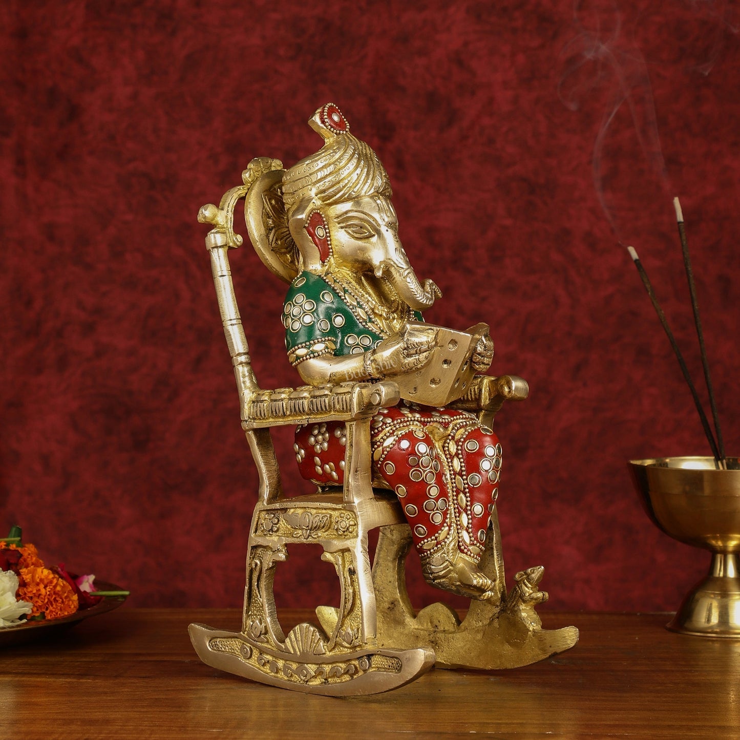 Enchanting 11-Inch Pure Brass Reading Ganesha on Rocking Chair Idol - Sama Homes Idol - Brass Sculpture