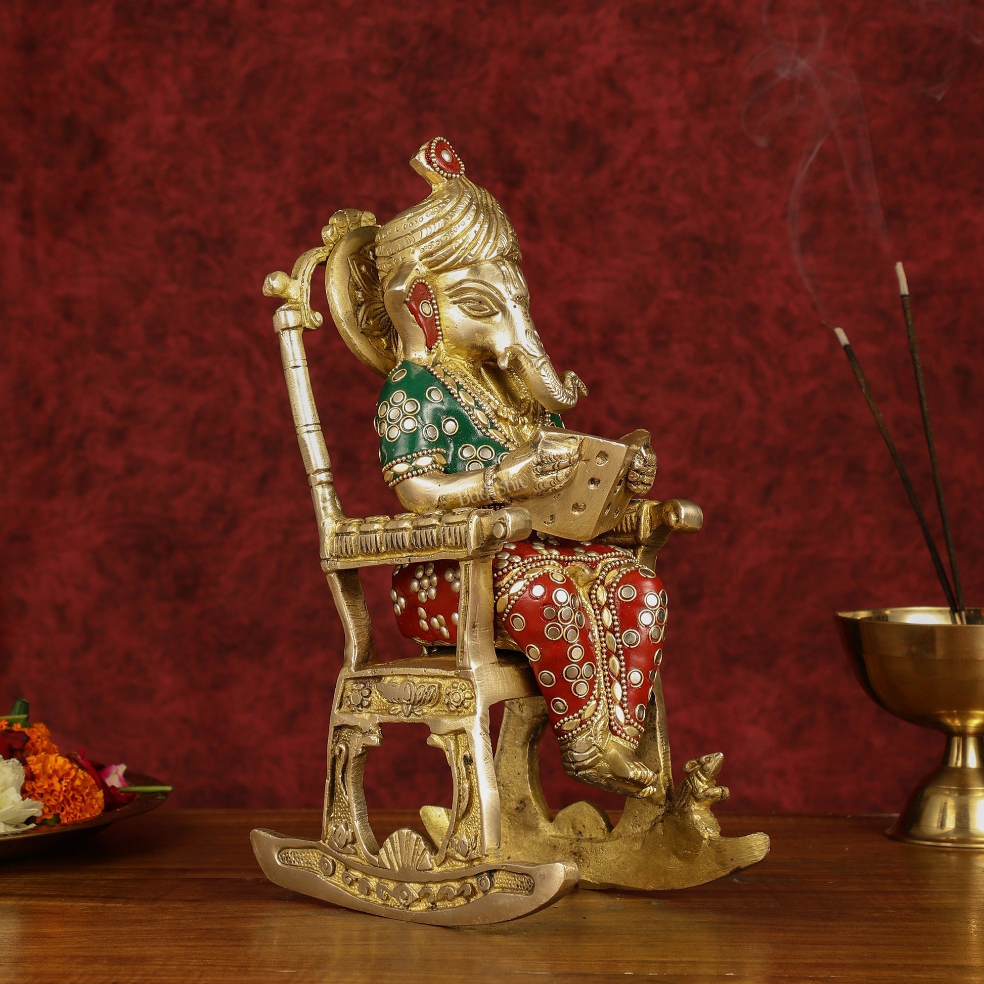 Enchanting 11-Inch Pure Brass Reading Ganesha on Rocking Chair Idol - Sama Homes Idol - Brass Sculpture - Eco-friendly - Sama Homes