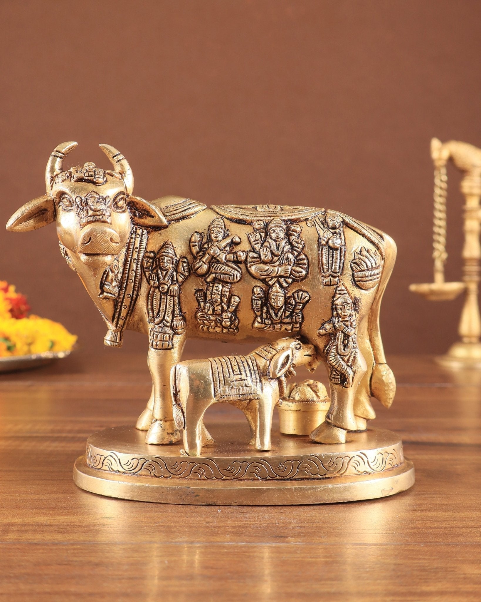 Engraved Brass Kamdhenu Statue with Deities enhanced carvings - Eco-friendly - Sama Homes