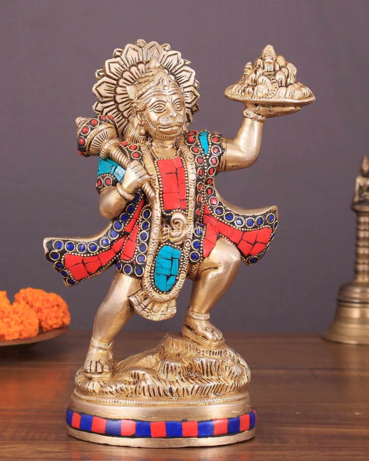 Exquisite 10-Inch Superfine Brass Idol of Lord Hanuman with Sanjeevani Mountain - Sama Homes Idol - Brass Sculpture