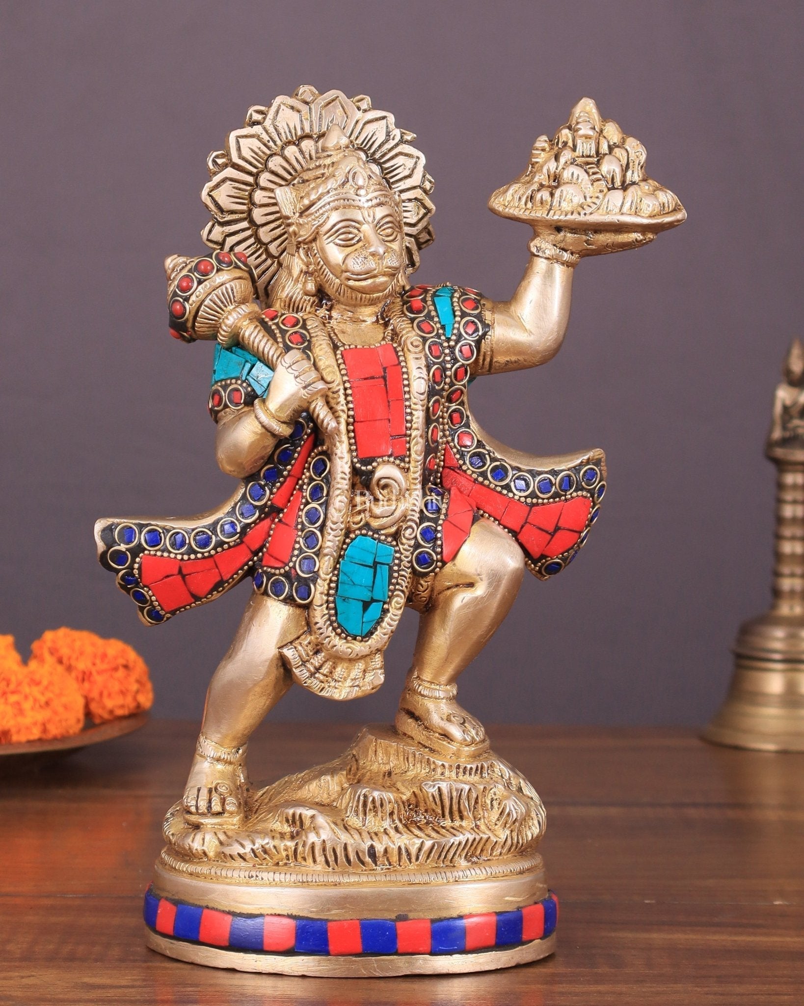 Exquisite 10-Inch Superfine Brass Idol of Lord Hanuman with Sanjeevani Mountain - Sama Homes Idol - Brass Sculpture - Eco-friendly - Sama Homes