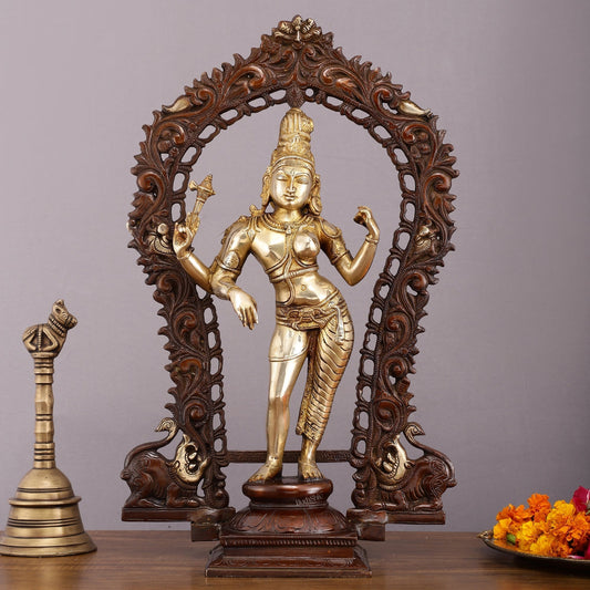 Exquisite 18" Brass Ardhanarishwara Statue with Prabhavali - Unique Brown Gold Finish - Sama Homes Idol - Brass Sculpture