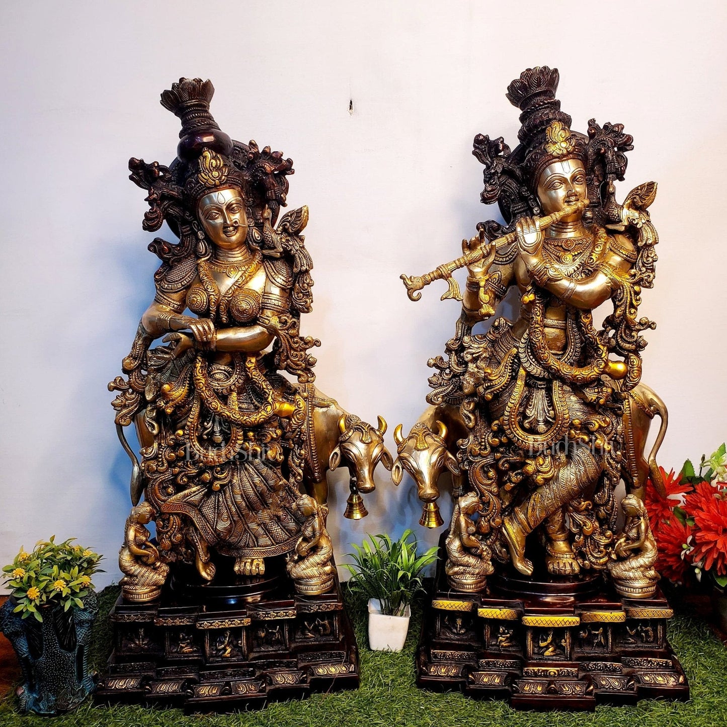 Exquisite 29 Inch Pure Brass Radha Krishna with Cow idols - Sama Homes Idol - Brass Sculpture