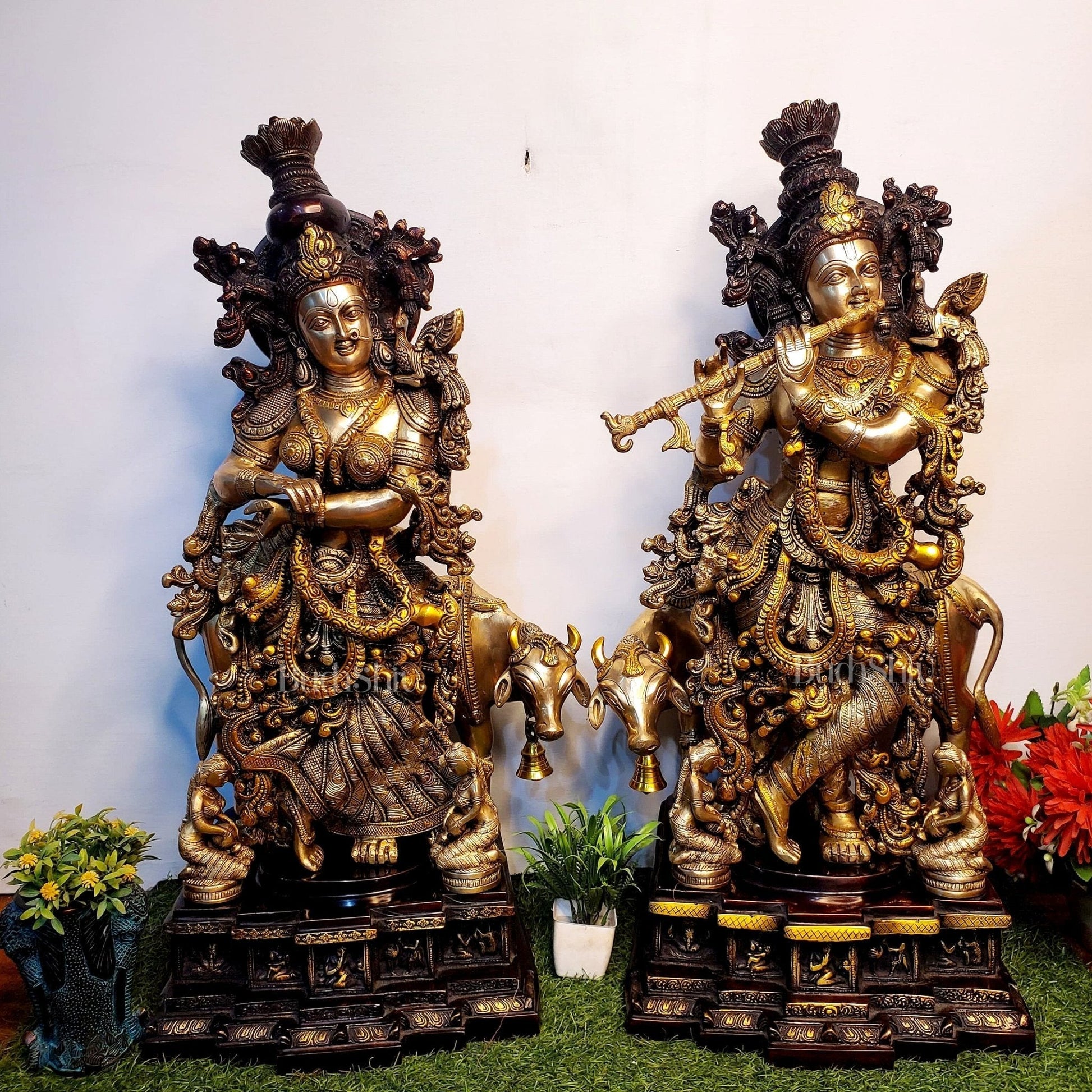 Exquisite 29 Inch Pure Brass Radha Krishna with Cow idols - Sama Homes Idol - Brass Sculpture - Eco-friendly - Sama Homes