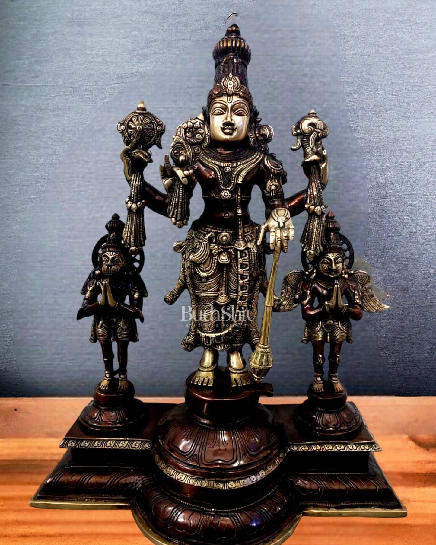 Exquisite Brass Antique Brown Patina Vishnu Statue with Garuda and Hanuman - 24" Standing Sculpture - Sama Homes Idol - Brass Sculpture