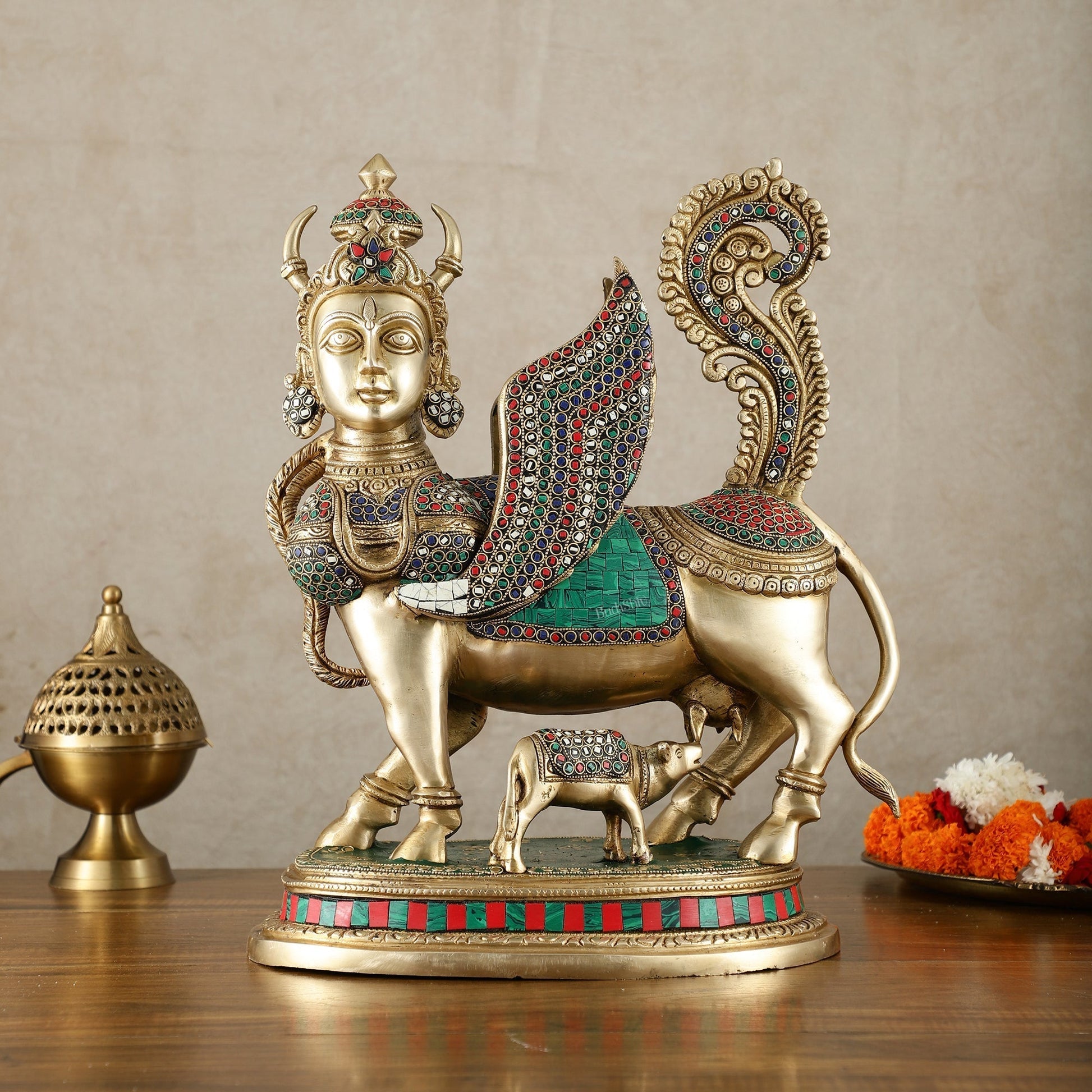 Exquisite Brass Bright Kamdhenu Cow with calf  Statue | 16.5" matte finish - Eco-friendly - Sama Homes