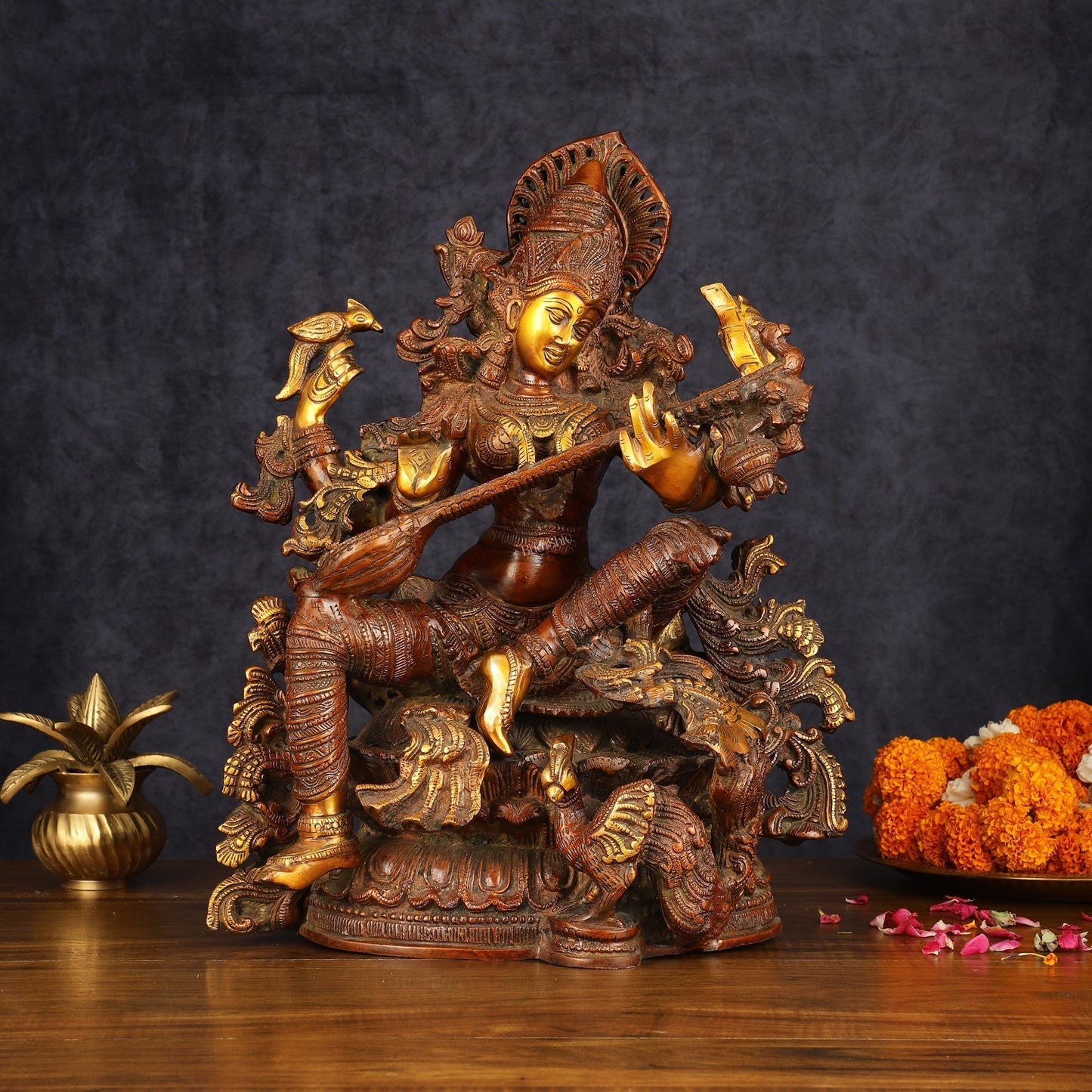 Exquisite Brass Bronze Finish Saraswati Idol - 16" Divine Sculpture - Sama Homes Idol - Brass Sculpture