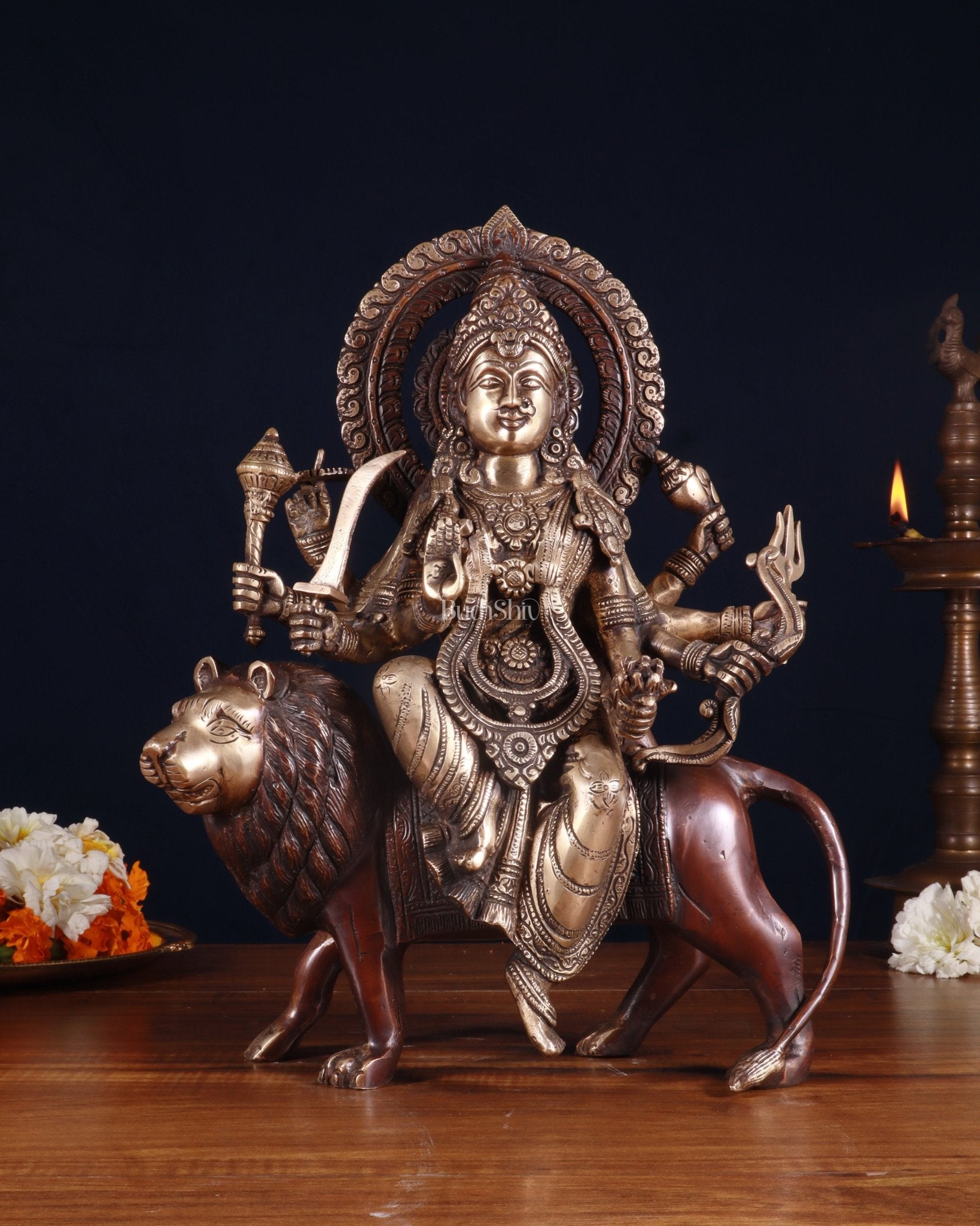 Exquisite Brass Durga Mata Idol | Devi Durga Sculpture | 15" brown tone - Sama Homes Idol - Brass Sculpture - Eco-friendly - Sama Homes