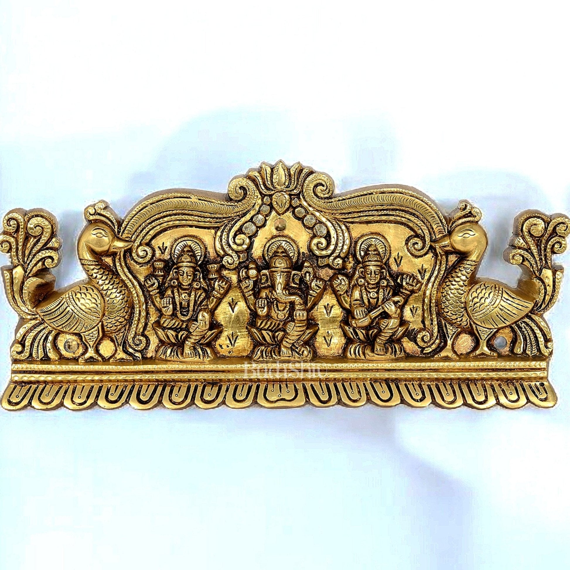 Exquisite Brass Ganesh, Lakshmi, and Saraswati Wall Hanging | 14 inch wide - Sama Homes Idol - Brass Sculpture - Eco-friendly - Sama Homes