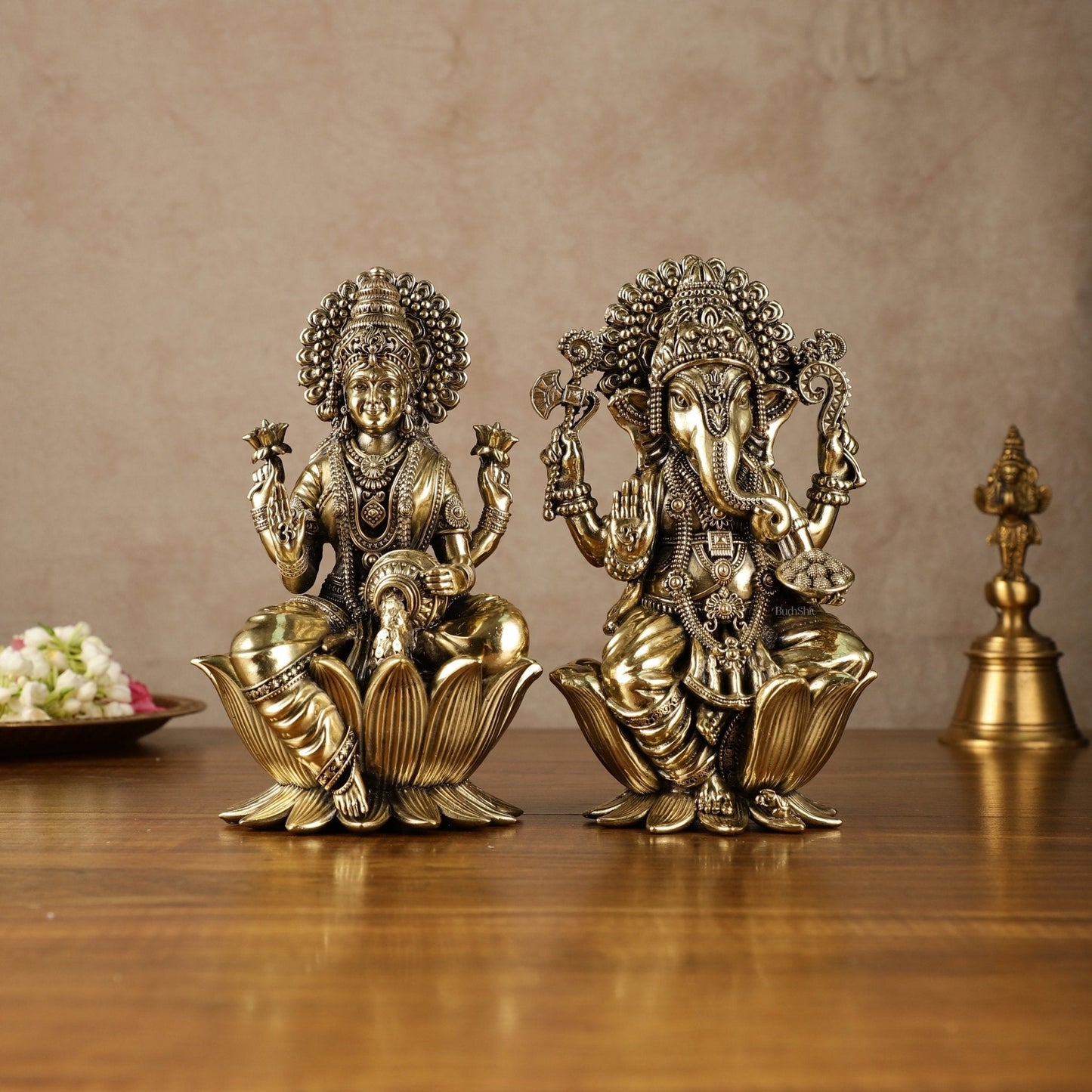 Exquisite Brass Ganesh Lakshmi Idol Pair | 8 Inch - Sama Homes Idol - Brass Sculpture
