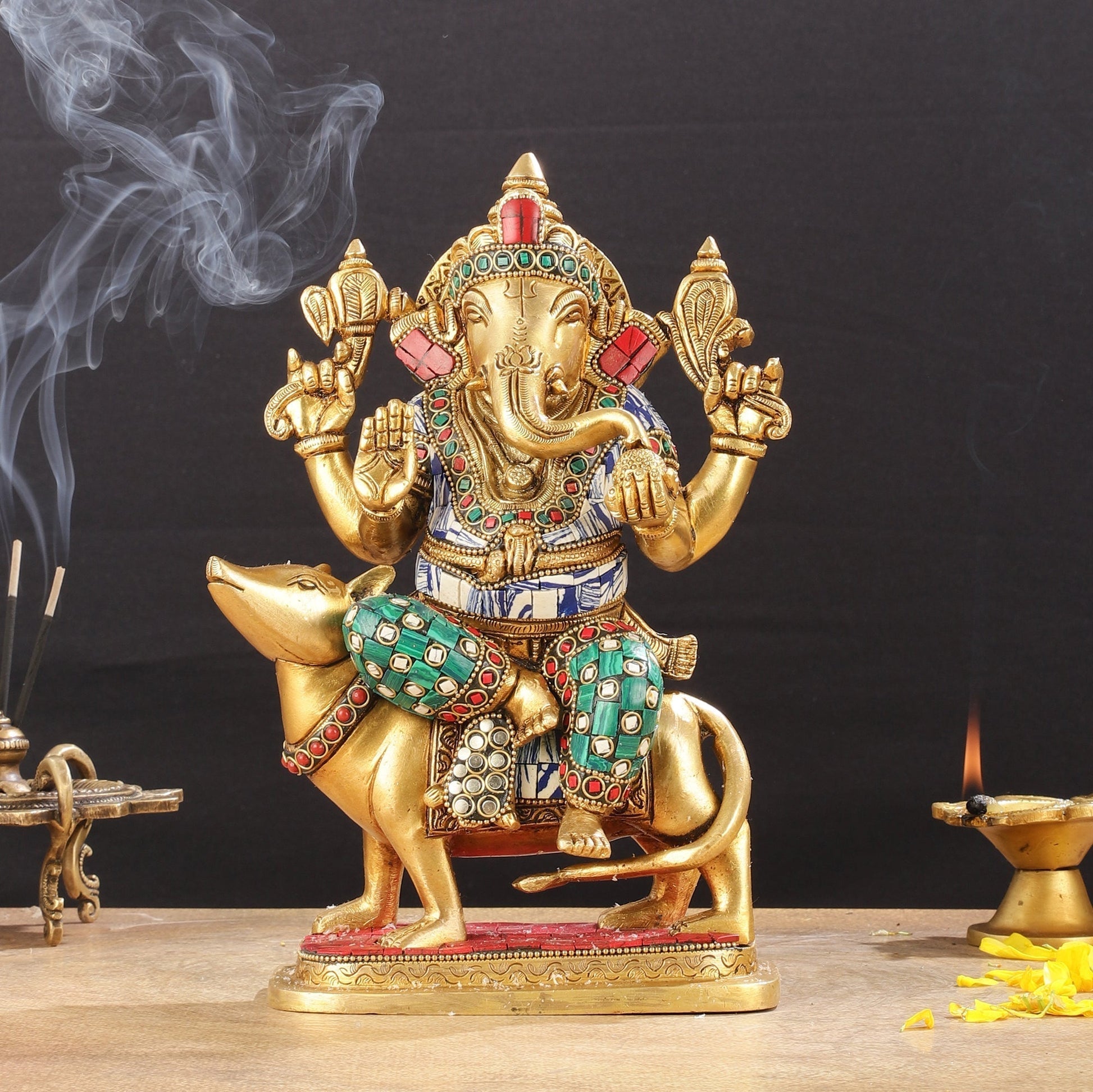 Exquisite Brass Ganesha on Mouse Idol with Meenakari | 10" - Sama Homes Idol - Brass Sculpture - Eco-friendly - Sama Homes