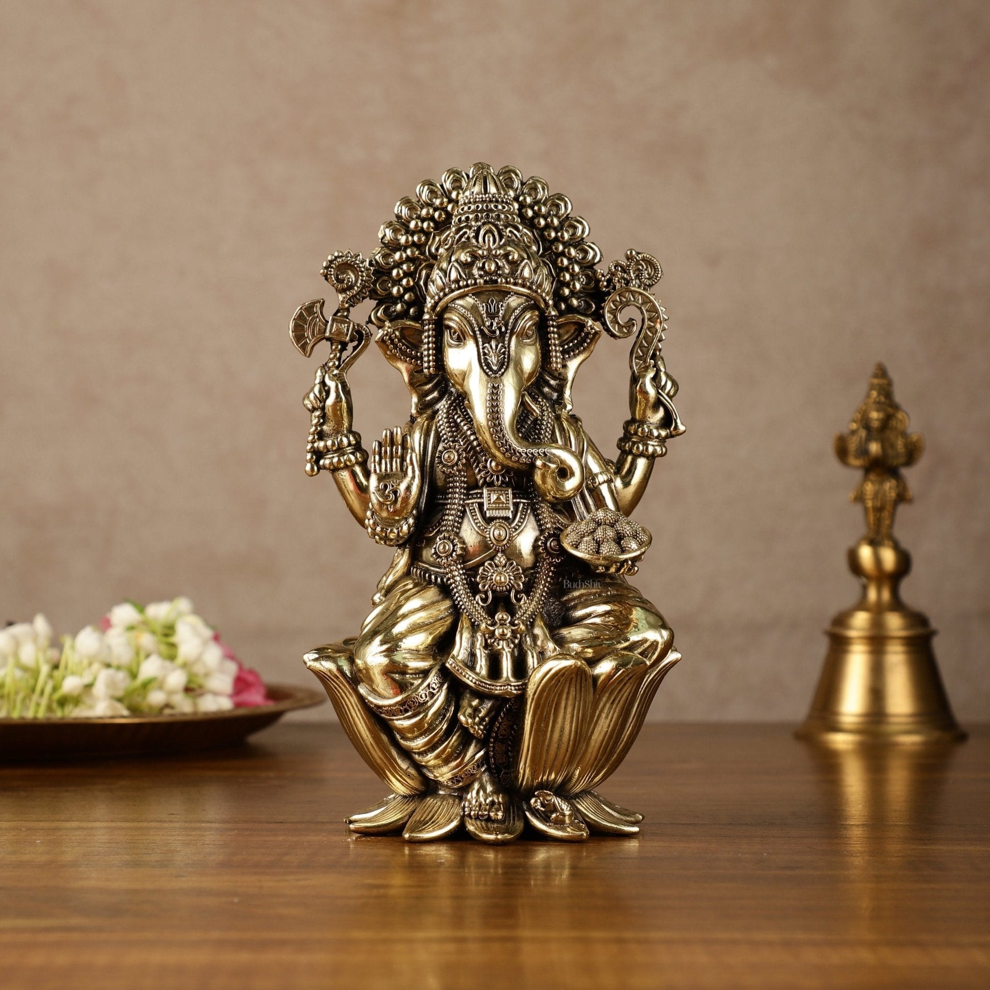 Exquisite Brass Idol of Lord Ganesha | 7.5 Inch - Sama Homes Idol - Brass Sculpture - Eco-friendly - Sama Homes