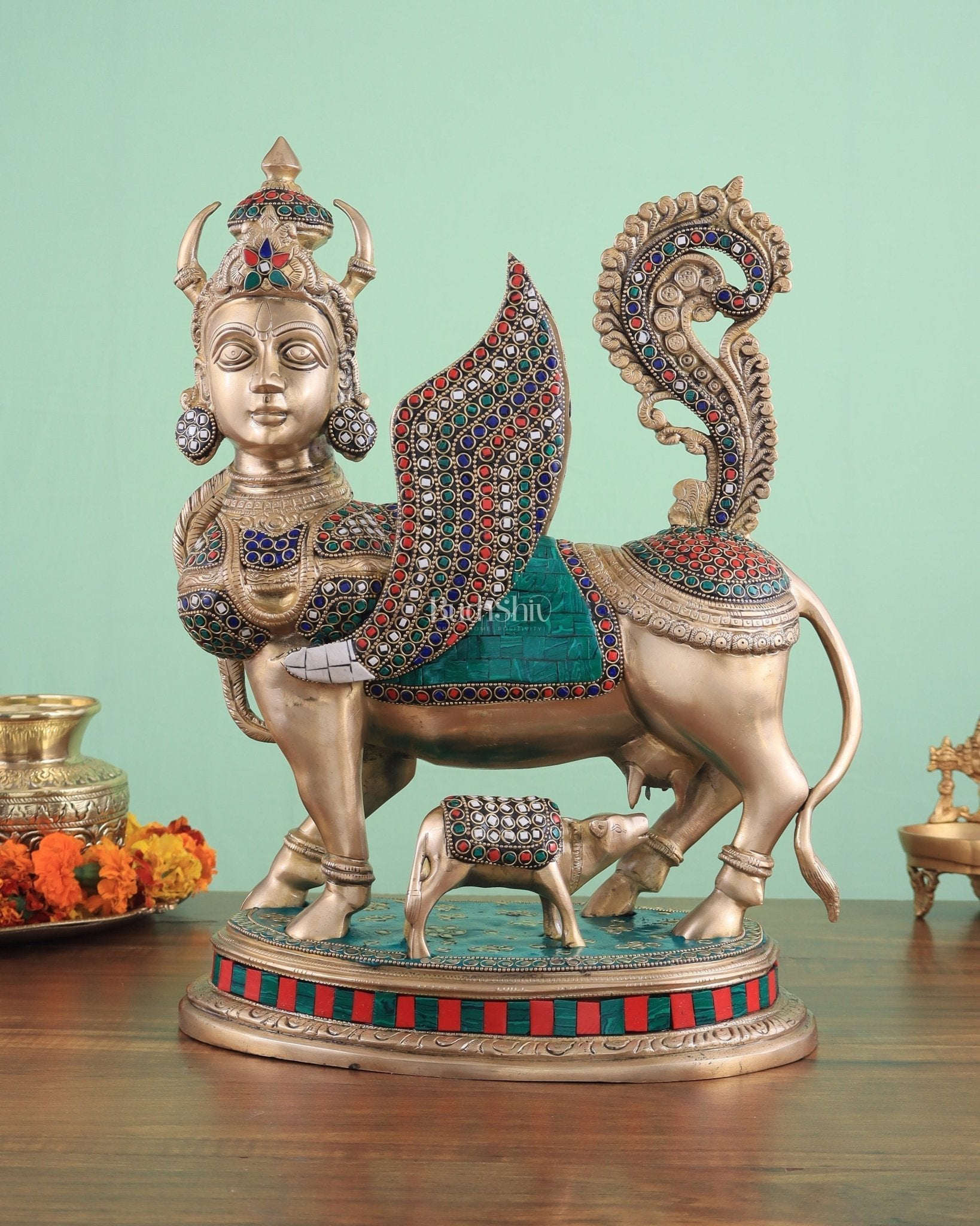Exquisite Brass Kamdhenu Cow with calf Statue | 16.5" glossy - Eco-friendly - Sama Homes