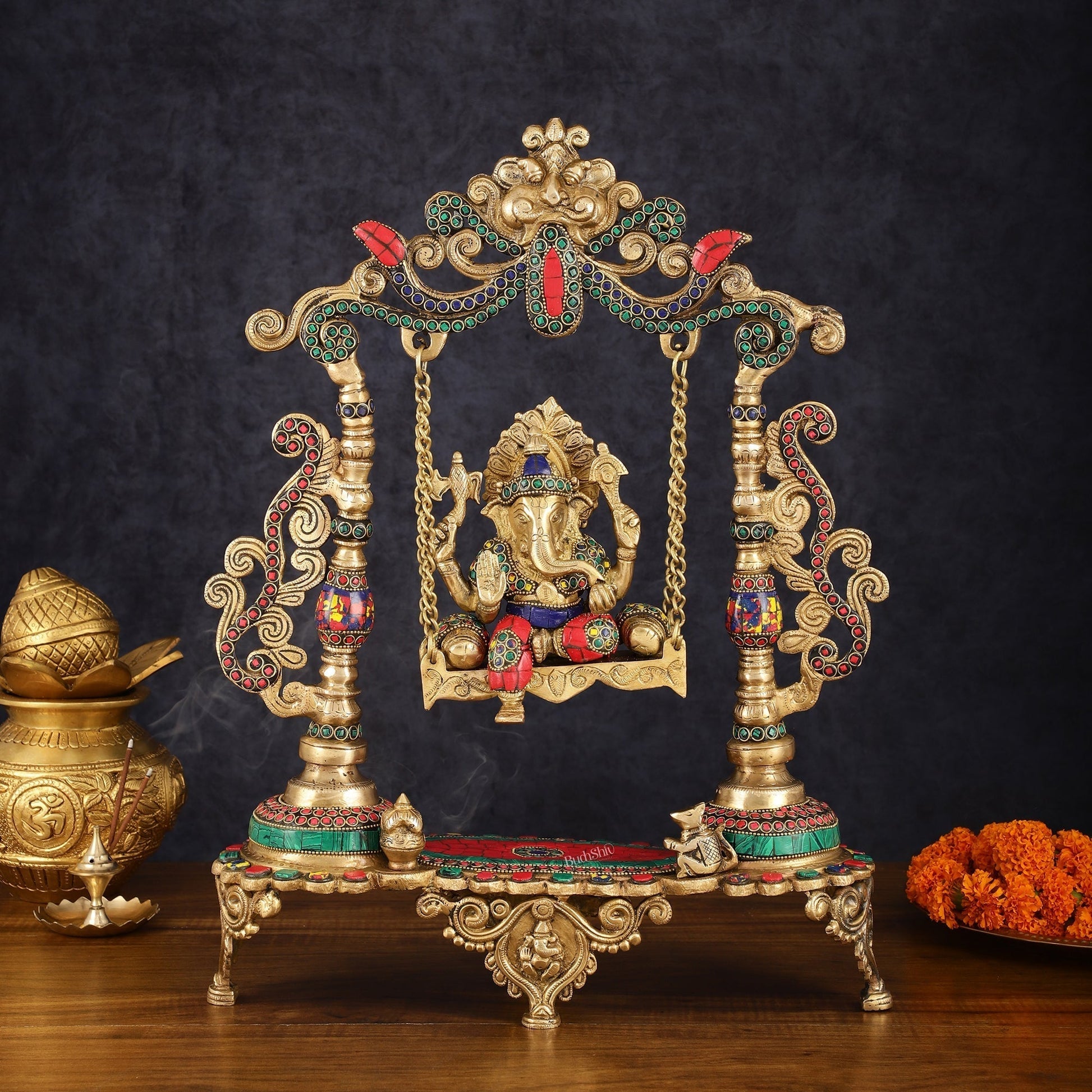 Exquisite Brass Kirtimukha Ganesha on a Swing with Stonework, 20" Height - Sama Homes Idol - Brass Sculpture - Eco-friendly - Sama Homes