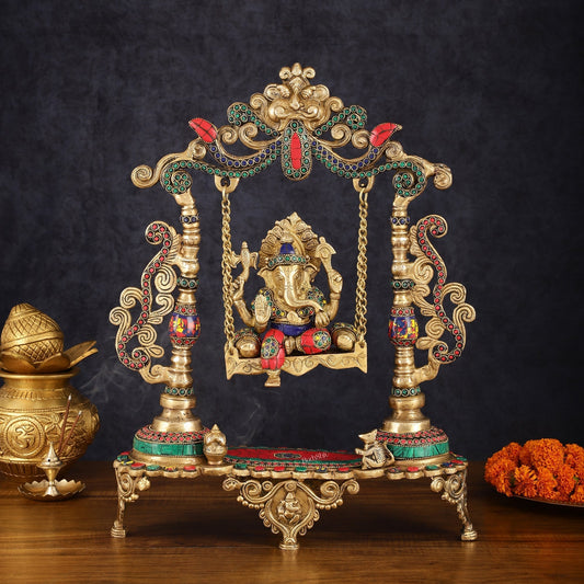 Exquisite Brass Kirtimukha Ganesha on a Swing with Stonework, 20" Height - Sama Homes Idol - Brass Sculpture