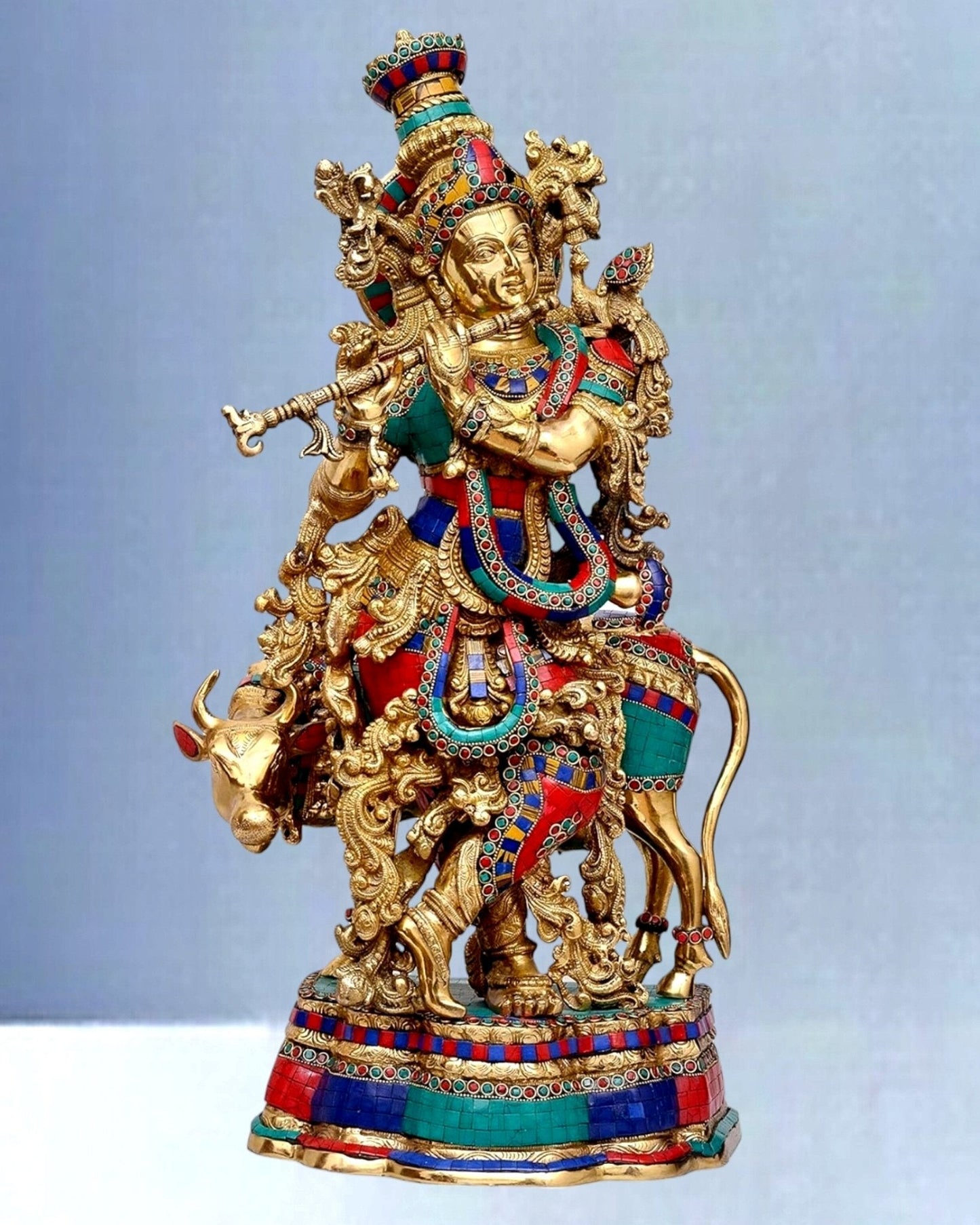 Exquisite Brass Krishna with Cow Idol - Meenakari Ring and Stonework, 26.5" Tall, 26kg - Sama Homes Idol - Brass Sculpture