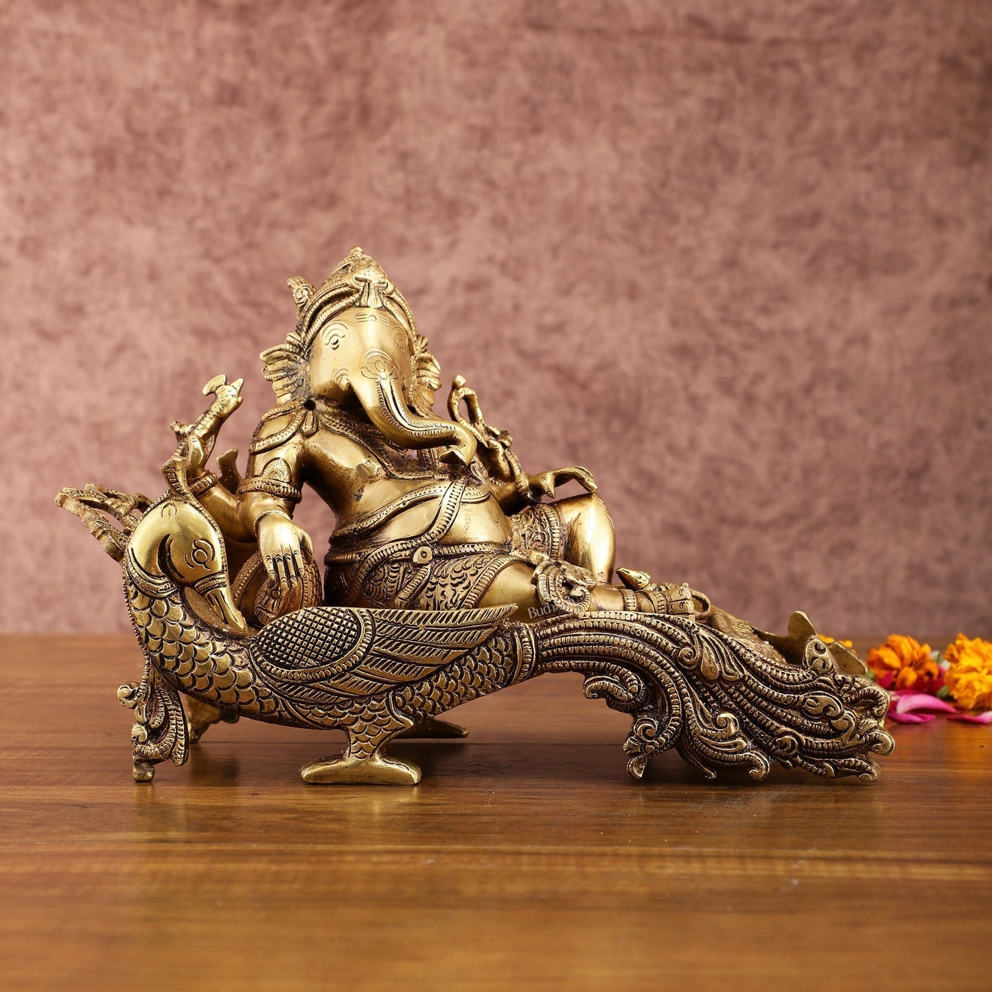 Exquisite Brass Lord Ganapathi Statue on Peacock Throne | 7.5-inch - Sama Homes Idol - Brass Sculpture