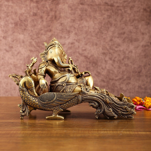 Exquisite Brass Lord Ganapathi Statue on Peacock Throne | 7.5-inch - Sama Homes Idol - Brass Sculpture