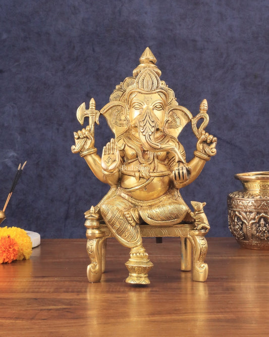 Exquisite Brass Lord Ganesha Seated on Throne Statue - 12" Tall - Sama Homes Idol - Brass Sculpture