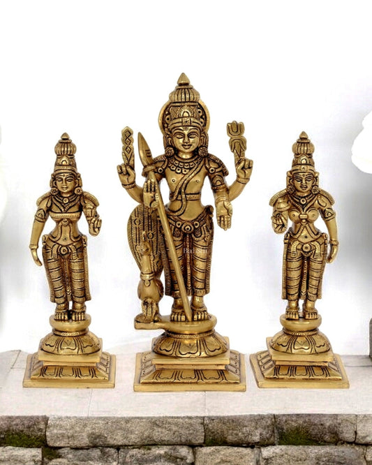 Exquisite Brass Lord Murugan, Devasena, and Valli Set | 9.5 Inch Murugan Statue - Sama Homes Idol - Brass Sculpture