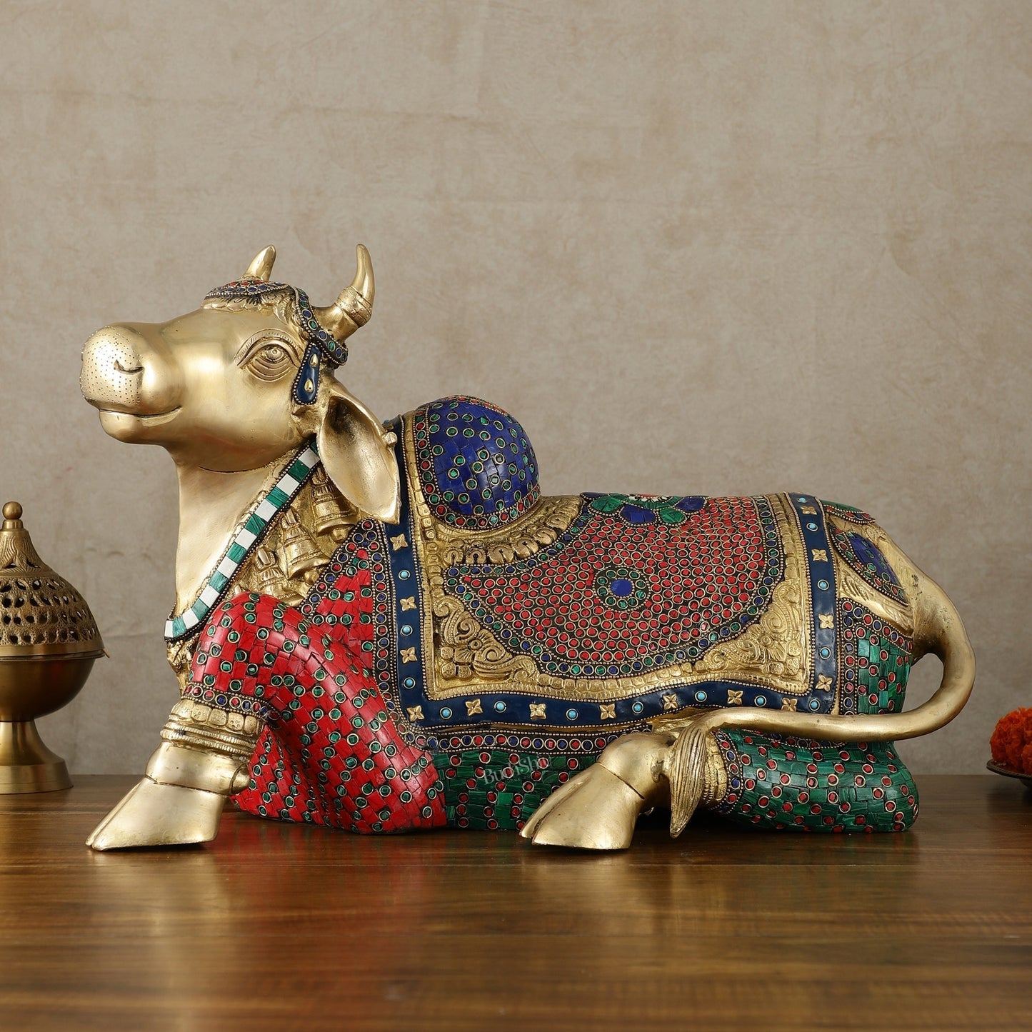 Exquisite Brass Nandi Statue with Intricate Stonework 21" - Sama Homes Idol - Brass Sculpture