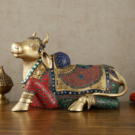 Exquisite Brass Nandi Statue with Intricate Stonework 21" - Sama Homes Idol - Brass Sculpture