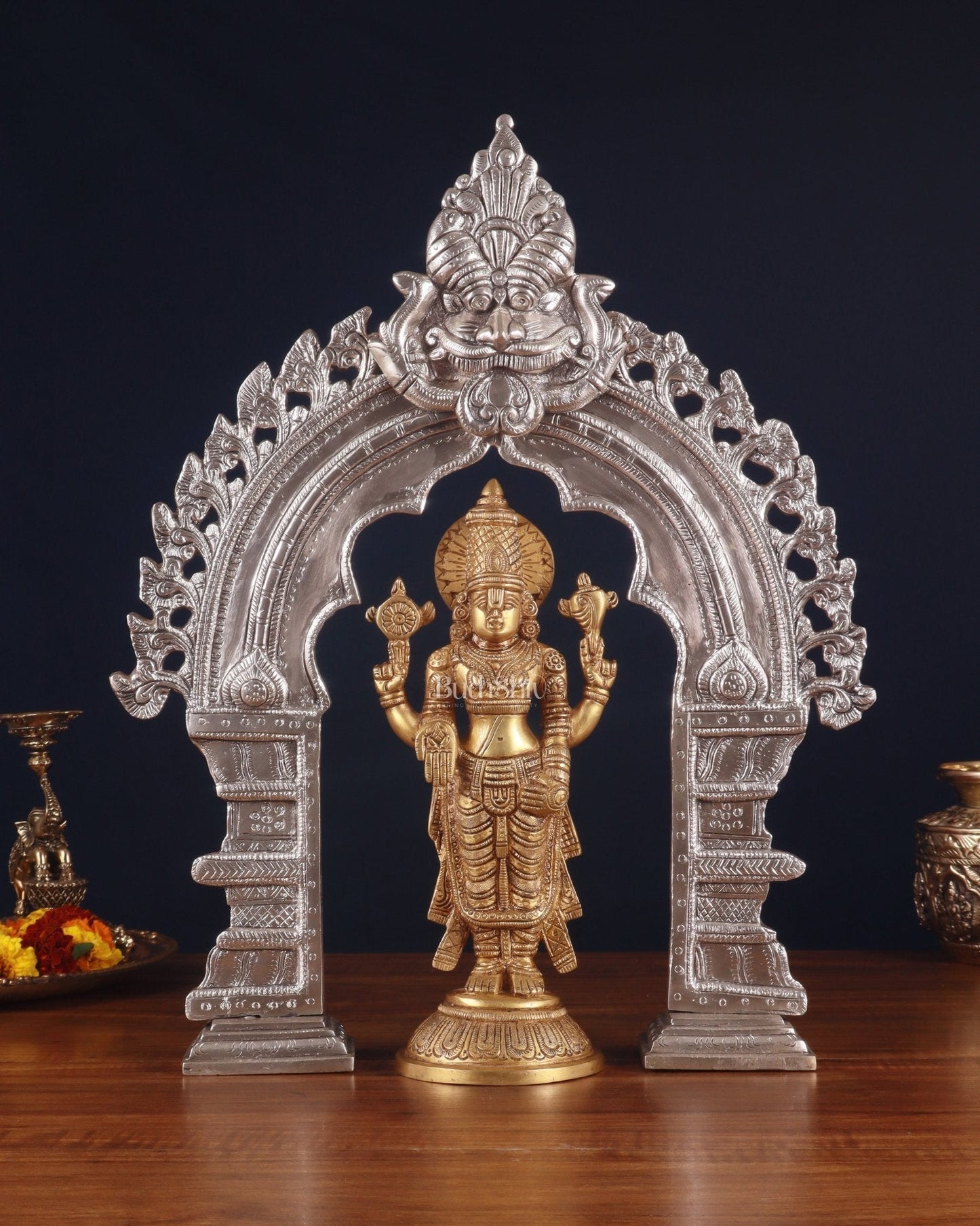 Exquisite Brass Prabhavali Arch Frame & Tirupati Balaji Idol Set 17" - Sama Homes Idol - Brass Sculpture