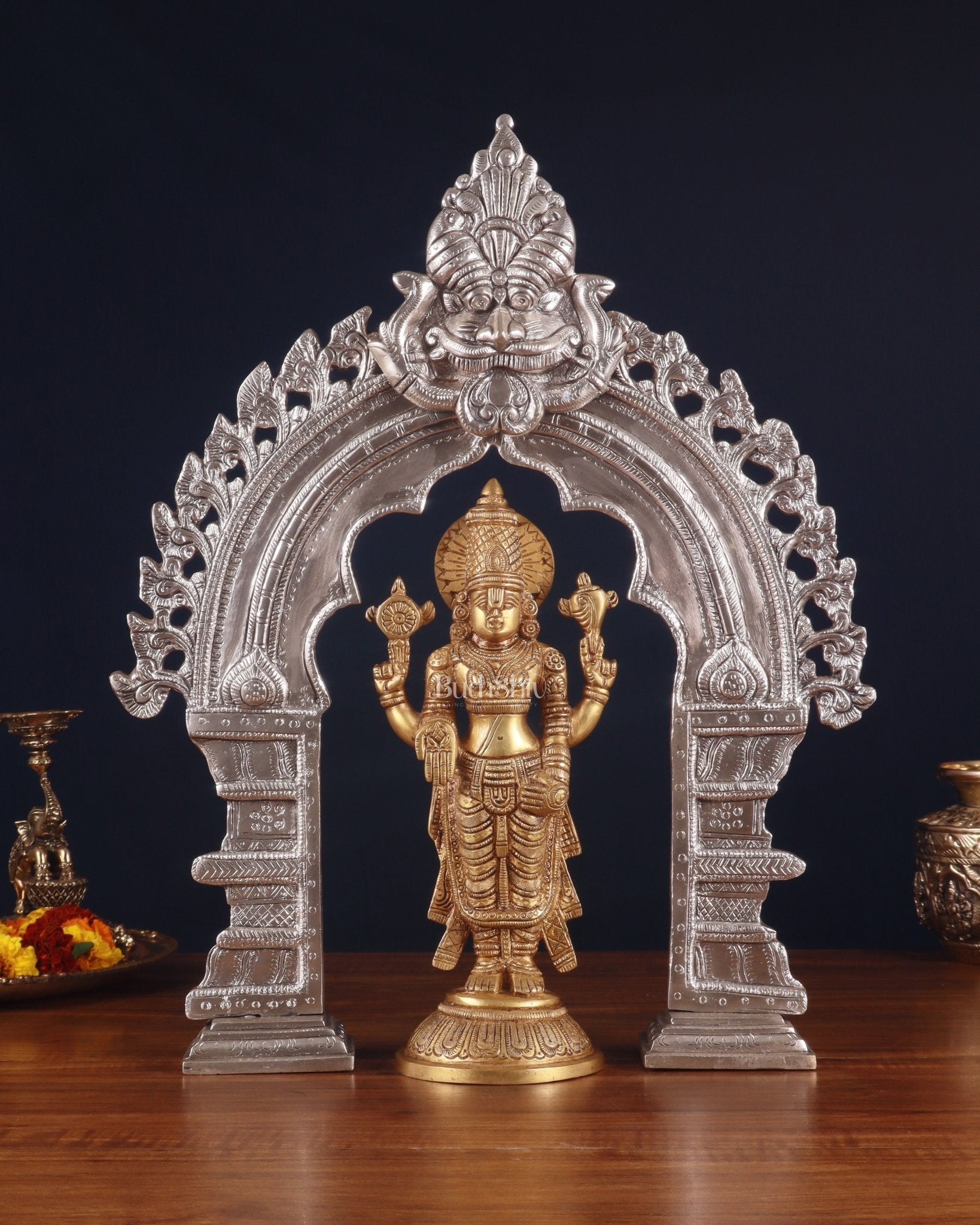Exquisite Brass Prabhavali Arch Frame & Tirupati Balaji Idol Set 17" - Sama Homes Idol - Brass Sculpture - Eco-friendly - Sama Homes