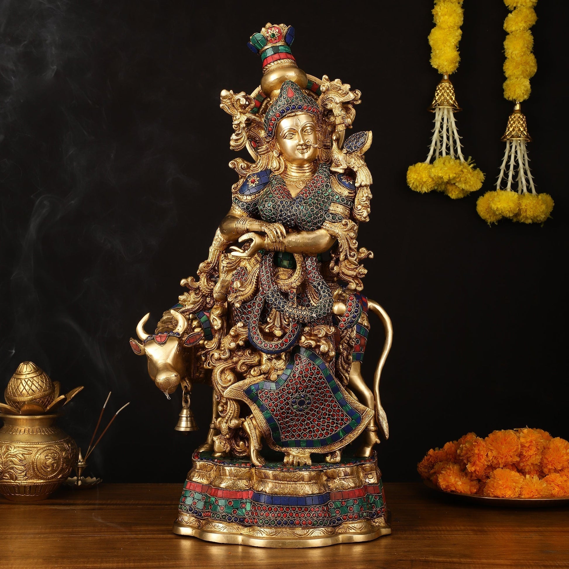 Exquisite Brass Radha with Cow Idol - 26.5" Height, Meenakari Stonework - Sama Homes Idol - Brass Sculpture - Eco-friendly - Sama Homes