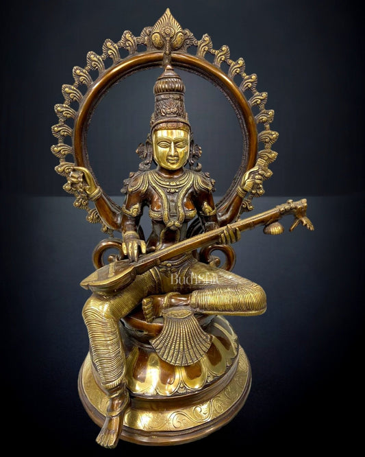 Exquisite Brass Saraswati Devi Statue with Arch 27 inch - Sama Homes Idol - Brass Sculpture