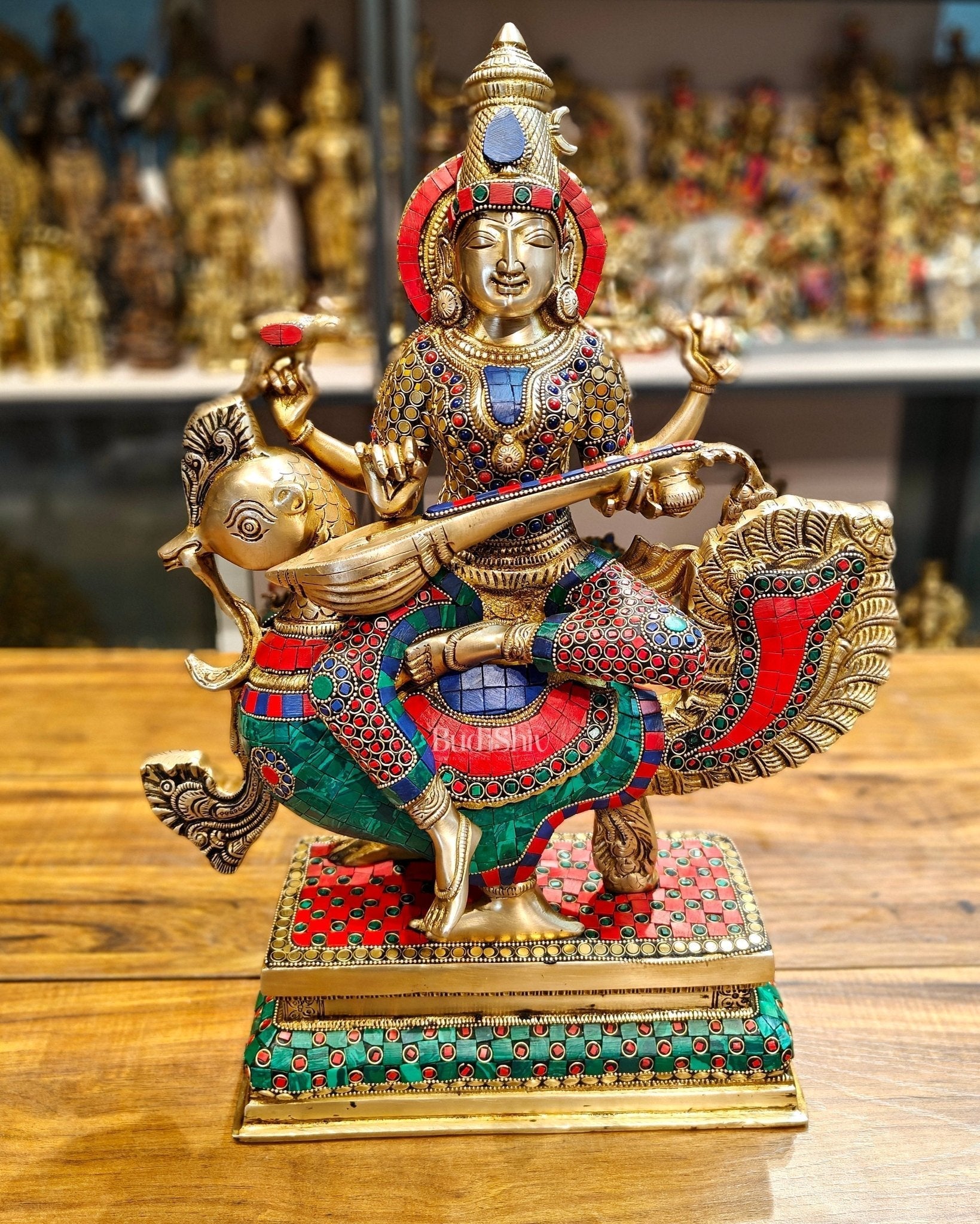 Exquisite Brass Saraswati Statue | 19.5" Height - Sama Homes Idol - Brass Sculpture - Eco-friendly - Sama Homes