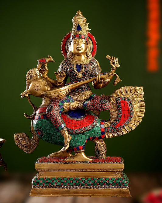 Exquisite Brass Saraswati Statue | 20" Height - Sama Homes Idol - Brass Sculpture