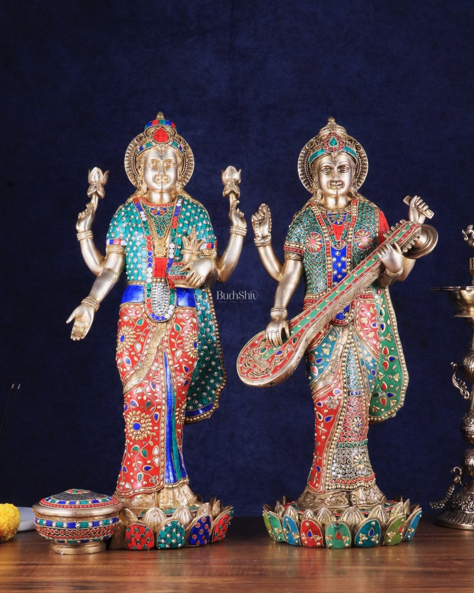 Exquisite Brass Standing Dhan Lakshmi and Saraswati Murti Set - 25" Finely Crafted Idols - Sama Homes Idol - Brass Sculpture - Eco-friendly - Sama Homes