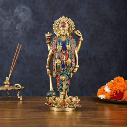 Exquisite Brass Standing satyanarayan Vishnu Statue on Lotus Base - 12.5 Inches - Sama Homes Idol - Brass Sculpture