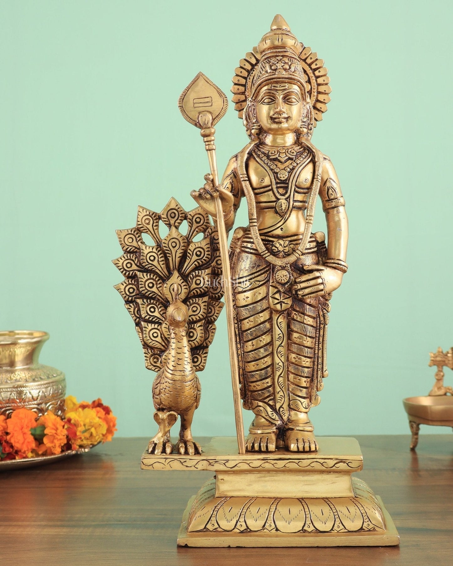 Exquisite Brass Superfine Lord Murugan with Peacock Statue - 16 Inches Tall - Sama Homes Idol - Brass Sculpture