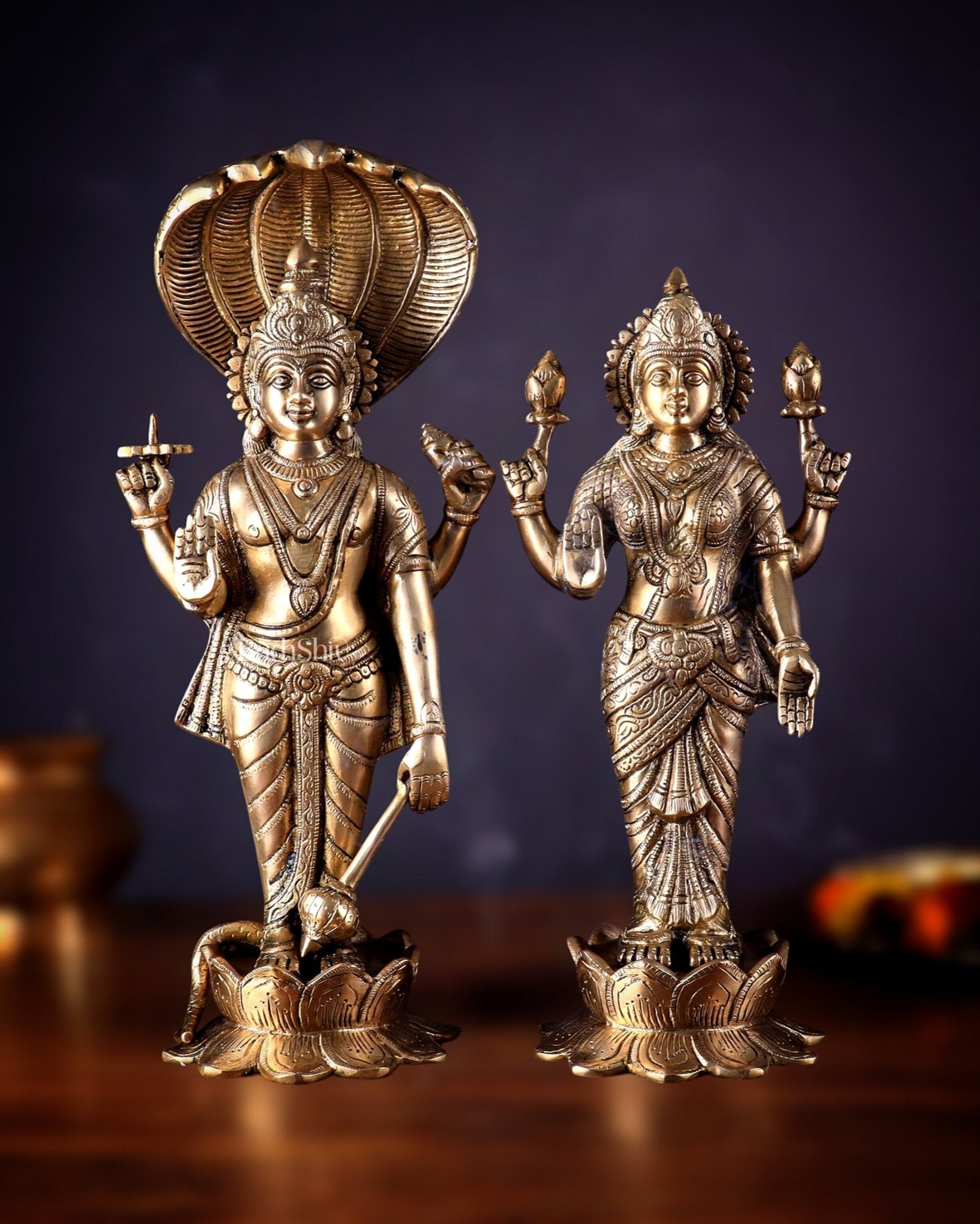 Exquisite Brass Vishnu and Lakshmi idol pair 18" - Sama Homes Idol - Brass Sculpture - Eco-friendly - Sama Homes