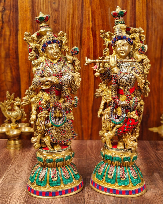 Sama Homes-radha krishna brass idols with stonework 21 inches 4