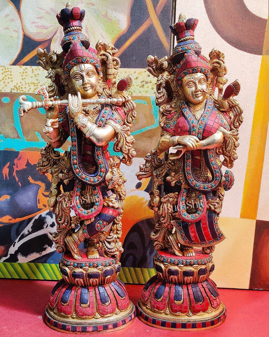 Sama Homes-radha krishna brass idols with stonework 21 inches