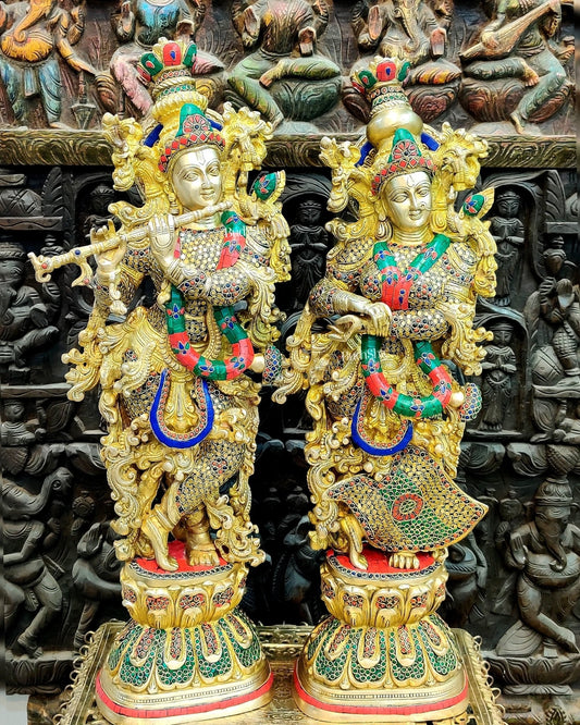 Sama Homes-radha krishna brass idols 29 inches height with triple layered meenakari stonework and brass chip work