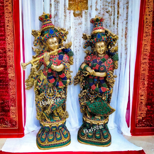 Sama Homes-radha krishna brass idols 29 inches height with three layered stonework