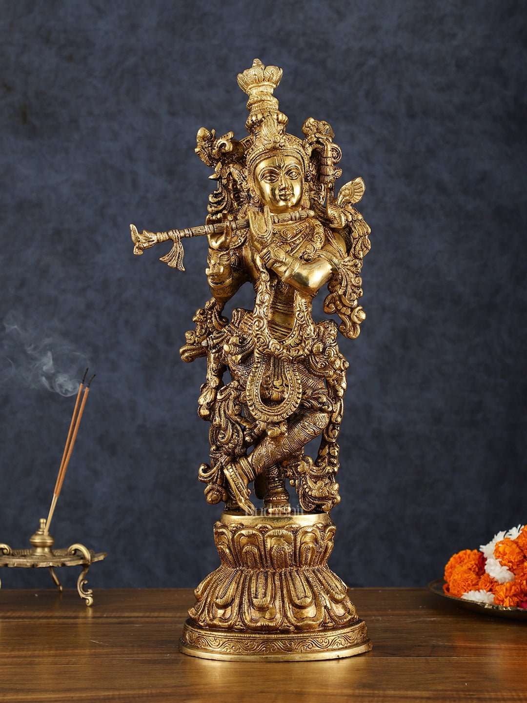 Exquisite Pure Brass Handcrafted Krishna Statue – 21" Height, Golden Antique Glossy Finish - Sama Homes Idol - Brass Sculpture - Eco-friendly - Sama Homes